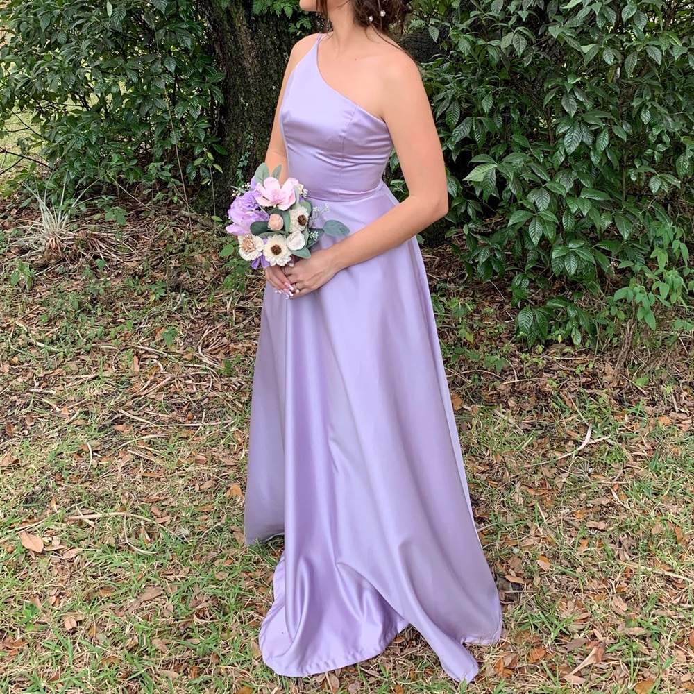 David's Bridal One-Shoulder Lilac Satin Gown